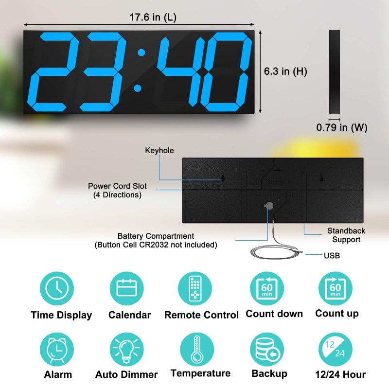 CHKOSDA LED Large Digital Wall Clock, Oversize Wall Clock with 6â€ Numbers, Remote Control Count up/Countdown Timer Clock, Auto Dimmer, Big Calendar and Thermometer(Ice Blue) - Image 2